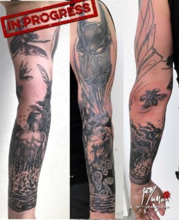 quarta seduta tatuaggio bianco e nero per copertura cicatrici estese