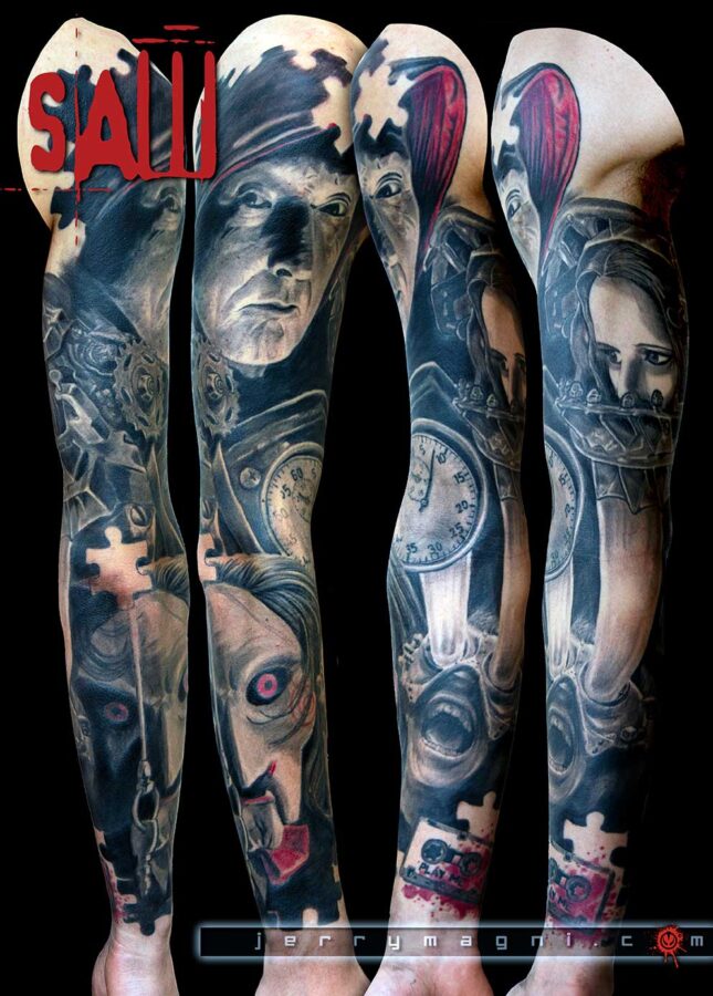 Realistic black and grey tattoo dedicated to the horror saga: SAW. Masterfully executed by Jerry Magni, one of the best Tattoo artist.