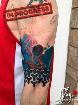 first and second sitting of a half sleeve colour tattoo of a planetary landscape