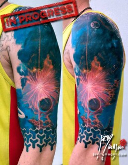 third sitting of a half sleeve colour tattoo of a planetary landscape