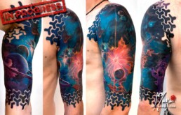 fourth sitting of a half sleeve colour tattoo of a planetary landscape