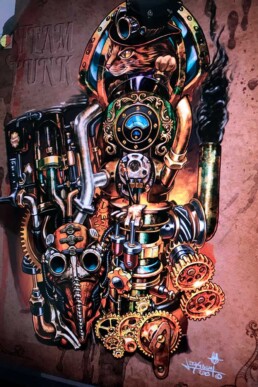 disegno digitale tatuaggio a colori biomeccanico steampunk a tutta manica