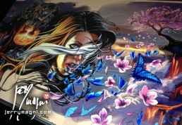 Disegno per tatuaggio polpaccio, ducati, farfalle, fiori di cileigio, lava, motore, combustione, valvole, sistema desmo, ragazza con benda, albero di ciliegio, Jerry Magni Tattoo Artist. Bergamo, Milano, Brescia, Piacenza, Mantova, Lecco, Como, miglior tatuatore, provincia, lombardia