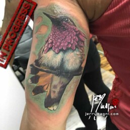 seconda seduta Tatuaggio realistico a mezza manica a colori, fiori di ciliegio, colibrì, orologio, decorazione, femminile. Jerry Magni Tattoo Artist Bergamo. La Decima arte. Bergamo, Milano, tatuatore, migliore, Brescia, Lombardia, Monza, Lecco, Como, provincia