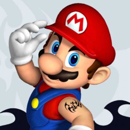 Super Mario con il tatuaggio del Game Boy Advance SP Tribal, realizzato da Jerry Magni