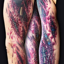 tatuaggio biomeccanico su braccio che simula uno strappo, dalla spalla al polso. Eseguito magistralmente da Jerry Magni, uno dei migliori tatuatori italiani sia nei biomeccanici che nel realismo e nello stile fumettistico. Bergamo, Milano, Brescia, Lombardia