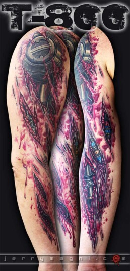 Biomechanical arm tattoo simulating a tear, from shoulder to wrist. Masterfully executed by Jerry Magni, one of the best Italian tattoo artists in biomechanical, realism, and comic styles. Bergamo, Milan, Brescia, Lombardy.