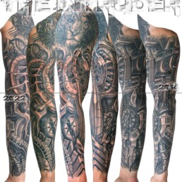 black and grey biomech tattoo sleeve done in two different steps separated by 8 years; Masterfully done by Jerry Magni, one of the best Italian tattoo artist