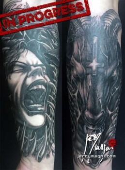 first sitting of a black and grey horror tattoo sleeve