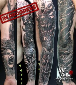second sitting of a black and grey horror tattoo sleeve