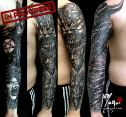 third sitting of a black and grey horror tattoo sleeve