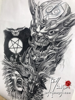 design for a horror black and grey tattoo sleeve