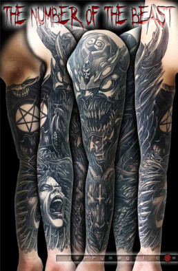 black and grey horror tattoo sleeve with a demon, a satanic altar, a goat with inverted cross on the forehead and the face of a woman inside a mouth with pointed teeth. Masterfully done by Jerry Magni, one of the best Italian tattoo artist