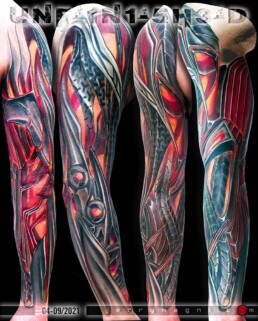 manica biomeccanica non finita realizzata da Jerry Magni. miglior tatuatore Bergamo, Milano, Brescia, Como, Lecco, Varese, Crema, Cremona, Vicenza, Verona