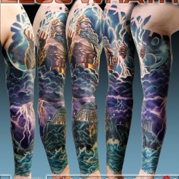Full colour tattoo sleeve, mythology, Zeus, Olimpus, thunderstorm, space, universe, sea storm, light, anger. Jerry Magni Tattoo Artist. Italy, Milan, Bergamo, best artist