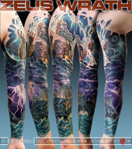 Full colour tattoo sleeve, mythology, Zeus, Olimpus, thunderstorm, space, universe, sea storm, light, anger. Jerry Magni Tattoo Artist. Italy, Milan, Bergamo, best artist