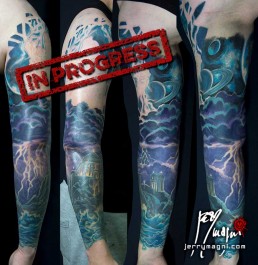 Seventh Sitting Full colour tattoo, mythology, Zeus, Olimpus, thunderstorm, space, universe, sea storm, light, anger. Jerry Magni Tattoo Artist. Italy, Milan, Bergamo, best artist