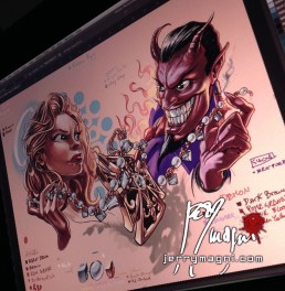Design for a color tattoo on chest. A female angel and a devil are looking each other, the angel is a bit angry, the demon is smiling, between them a gold cross attached to a necklace which they are keeping by the extremities. Masterfully done by the best tattoo artist Jerry Magni, Milano, Bergamo, Lugano