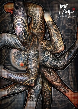 Black and grey biomech full sleeve tattoo, mechanical parts mixed in the flesh. Jerry Magni Tattoo Artist Italy