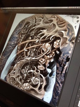 Sketch for Black and grey biomech tattoo mixed with oriental elements, cherry flowers and waves, on a back and two full sleeves. Jerry Magni Tattoo Artist Milano. Bergamo, Lugano.
