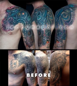 ottava seduta Copertura vecchio tatuaggio con biomeccanico a colori a tutta manica. Tubi metallici lucidati e arrugginiti, parti meccaniche, parti aliene, forme astratte, colori violacei, gialli e rossi. Realizzato magistralmente da Jerry Magni, miglior tatuatore, Bergamo, Milano, Brescia, Piacenza, Lecco, Como, Italia, Lombardia, provincia, Lugano.