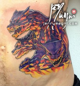 Second sitting Color tattoo on ribs, Persephone with Cerberus in the Ade, with the light of the hell, they are on a rock and she’s sexy and peep Cerberus at leash. Greek roman mythology. Unique, original. Jerry Magni tattoo artist Bergamo, Milan, Italy
