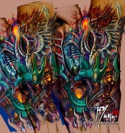 Studio colore per Tatuaggio biomeccanico a colori a tutta manica. Inserti metallici nella carne, tubi e artigli. Opera di Jerry Magni, miglior tatuatore, Bergamo, Milano, Lugano, provincia.