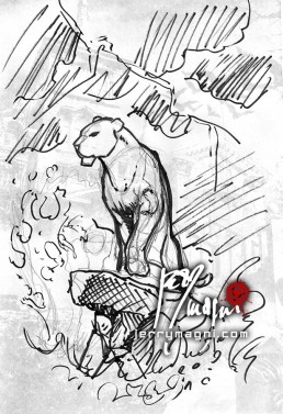 Design draft realistic lioness tattoo, cubs, sea, storm. Jerry Magni tattoo artist. Italy