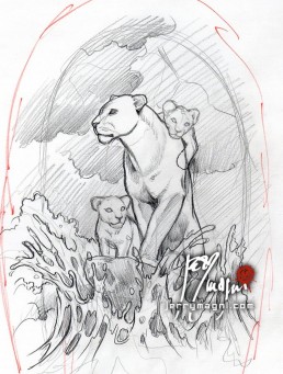 design draft Realistic lioness tattoo, cubs, sea, storm. Jerry Magni tattoo artist. Italy