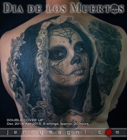 Black and grey Back piece tattoo. Portrait of a beautiful girl with the typical make up from the Mexican day of the dead, on her head a black lace veil, behind her a couple of roses, everything surrounded by filigree. Outstanding piece of art, masterfully done by by the best tattoo artist Jerry Magni, Bergamo, Milan, Lugano, Italy.