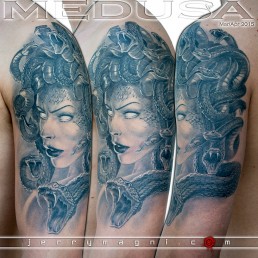 Black and grey realistic tattoo portrait of a beautiful Medusa with amazing snakes over her head. Masterfully done by Jerry Magni, best tattoo artist, Bergamo, Milan, Italy, Brescia, Lugano, Lombardy