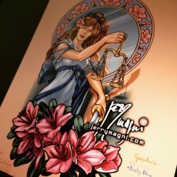 Disegno digitale per tatuaggio a colori dedicato a Dike, dea della giustizia, mitologia greco romana, bilancia, antichi dei, dee pagane, Mucha, fiori, specchio. Jerry Magni, Tattoo artist, Bergamo, Milano, migliore, tatuatore, Brescia, Como, Lecco, Monza, Varese, Lugano, provincia.