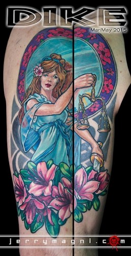 tatuaggio a colori dedicato a Dike, dea della giustizia, mitologia greco romana, bilancia, antichi dei, dee pagane, Mucha, fiori, specchio. Jerry Magni, Tattoo artist, Bergamo, Milano, migliore, tatuatore, Brescia, Como, Lecco, Monza, Varese, Lugano, provincia.