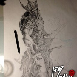 Work in progress of the design for Black and grey tattoo sleeve, Perseus just cut off the head of Medusa that’s giving us her last glance, Perseus is dressed with a shiny amor, in one hand its sword, with the other hand is grabbing medusa’s head. In the background Andromeda is chained at the entrance of Medusa’s cave. Astonishing work by Jerry Magni, surely one of the best tattoo artist.
