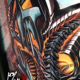 design for Full color biomech tattoo sleeve. Light blue metal parts as a shield for a sort of spine running inside the arm and a sort of bone structure over the forearm. Masterfully done by by the best tattoo artist Jerry Magni, Bergamo, Milan, Lugano, Italy.