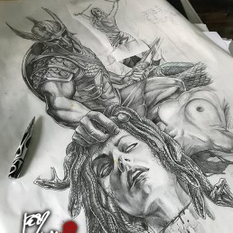 Drawing completed. Perseus kills Medusa, full sleeve tattoo project. Jerry Magni