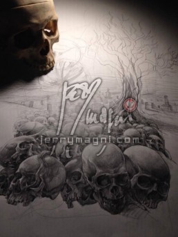 Design for  Black and grey full sleeve tattoo. A graveyard covered with skull from which rises a majestic olive tree. in the foreground there are a few tombstone. the artwork is completed by clouds at the horizon, above them a full moon on which there are clock arms pointing five minutes to midnight. Outstanding piece of art, masterfully done by by the best tattoo artist Jerry Magni, Bergamo, Milan, Lugano, Italy.