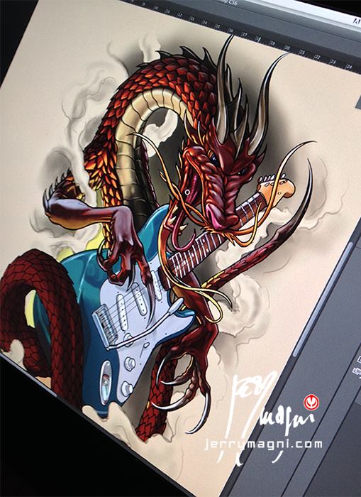 Disegno digitale per tatuaggio. Drago rosso con chitarra Fender Stratocaster azzurra, fiamme. unico e originale. Jerry Magni tattoo artist, Bergamo, Milano, Brescia, Como, Lecco, Monza, Parma, Piacenza, Mantova