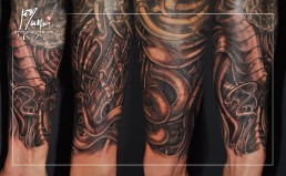 Ninth sitting Black and grey biomech full sleeve tattoo, mechanical parts mixed in the flesh. Jerry Magni Tattoo Artist Italy