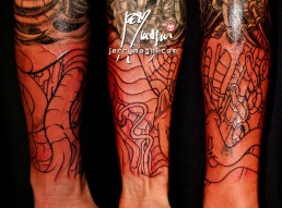 Eighth sitting Black and grey biomech full sleeve tattoo, mechanical parts mixed in the flesh. Jerry Magni Tattoo Artist Italy