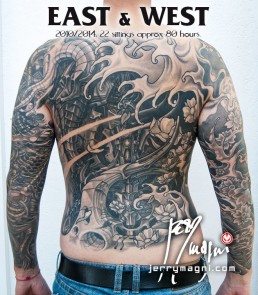 Black and grey biomech tattoo mixed with oriental elements, cherry flowers and waves, on a back and two full sleeves. Jerry Magni Tattoo Artist Milano. Bergamo, Lugano.
