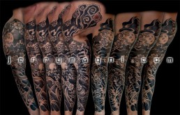 Third sitting First sitting black nd grey japanese style tattoo on a full sleeve and chest. Jerry Magni Tattoo Artist, Italy, Milan, Bergamo, Lugano.