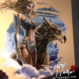 Design for Tattoo on ribs with the mythological goddess Era, Zeus’ Wife. She’s caressing a griffin at her side, we are high and we see the clouds below. She’s beautiful and sexy. Artwork masterfully done by the best tattoo artist Jerry Magni, Bergamo, Milan, Lugano, Italy.