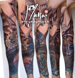Fifth sitting full sleeve color architectural tattoo inspired to the homonym M. C. Escher artwork. Venetian environment, with a typical Jerry Magni cat. Tattoo Artist, Bergamo, Italy, Milano, Brescia, migliore, Crema, Lombardia, provincia, Lecco, Como, Lugano,