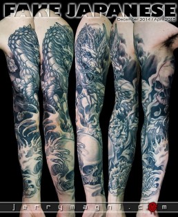 Black and grey Japanese style full sleeve tattoo with skulls, cherry flowers, waves and a big dragon that takes half of the sleeve. done by the best tattoo artist Jerry Magni, Bergamo, Milan, Lugano, Italy.