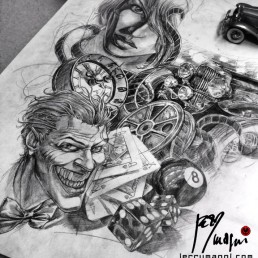 Design for Black and grey full sleeve tatto with a lot of elements, on the forearm a Joker, palying cards, dice, eight ball, and a container for cinematographic film. Inside the arm a Duesenberg car and the city lights. On the arm a clock and on the shoulder a woman with a top hat and a monocle. Beautifully done by the best tattoo artist, Jerry Magni, Italy, Lombady, Milan, Bergamo, Lugano.