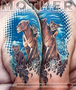 Realistic lioness tattoo, cubs, sea, storm. Jerry Magni tattoo artist. Italy