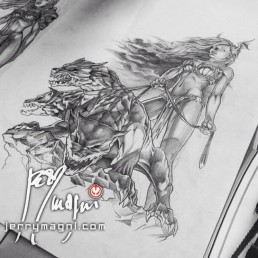 Pencil drawing for Color tattoo on ribs, Persephone with Cerberus in the Ade, with the light of the hell, they are on a rock and she’s sexy and peep Cerberus at leash. Greek roman mythology. Unique, original. Jerry Magni tattoo artist Bergamo, Milan, Italy