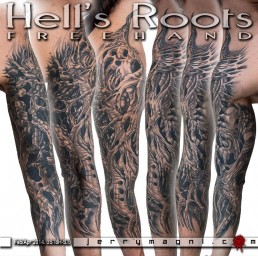 Tatuaggio bio-organico, biomeccanico in bianco e nero a tutta manica, concezione astratta realizzata a mano libera da Jerry Magni, miglior tatuatore, Bergamo, Milano, Lugano, Brescia, Como, Lecco.