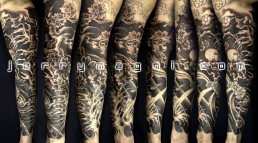 Second sitting First sitting black nd grey japanese style tattoo on a full sleeve and chest. Jerry Magni Tattoo Artist, Italy, Milan, Bergamo, Lugano.